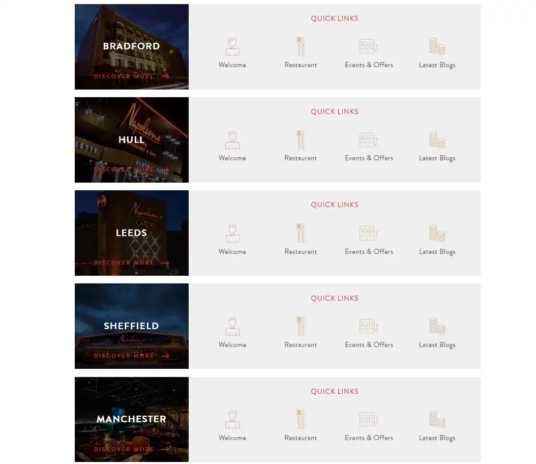 Official Napoleons Casinos branches overview showing Bradford, Hull, Leeds, Sheffield and Manchester