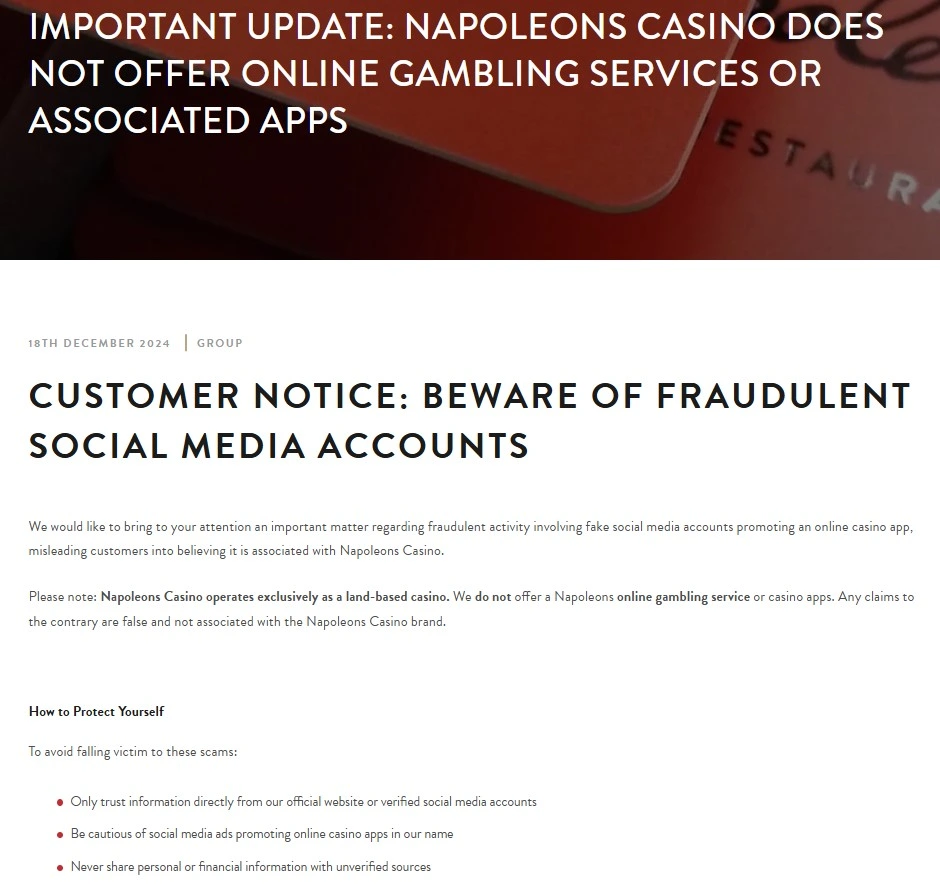 Official Napoleons warning that the brand does not offer online gambling services or casino apps