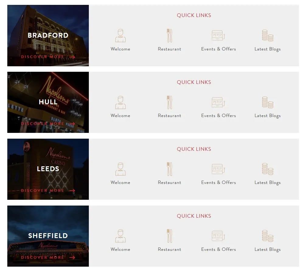 Official Napoleons casino branch selector showing Bradford, Hull, Leeds, Sheffield and Manchester