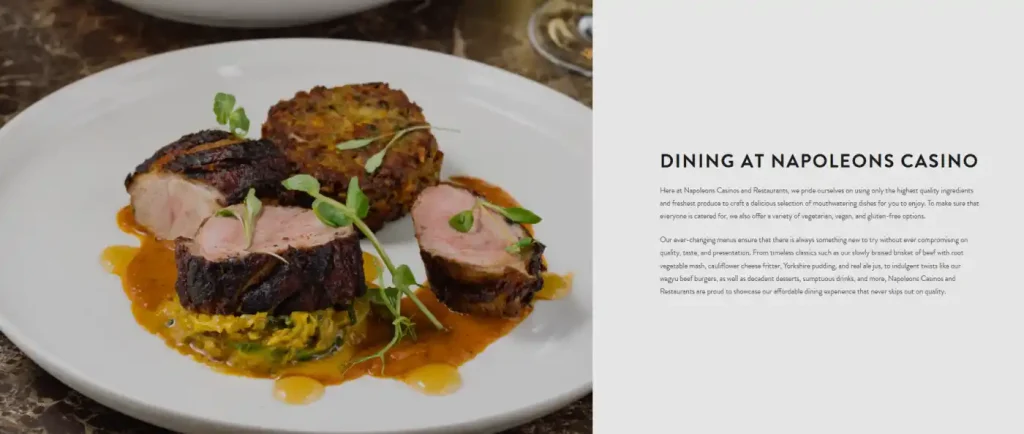Official Napoleons dining page showing restaurant booking options and dining-led venue offers