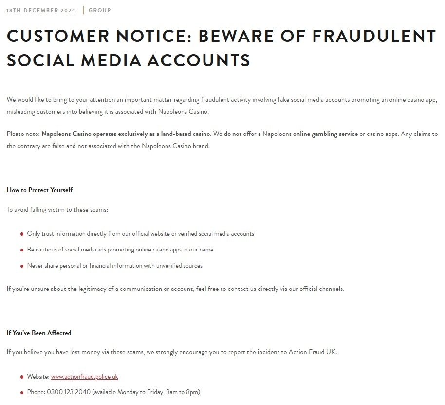 Napoleons official customer notice warning about fraudulent online casino app accounts